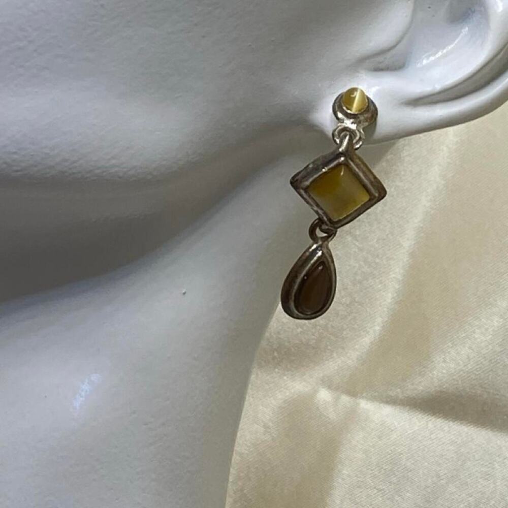 Vintage Tiger’s Eye Cabochon Drop Earrings Silver Tone Geometric Pierced Dangles